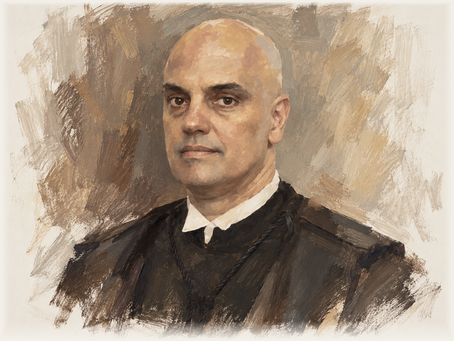 Retrato em pintura a óleo do ministro Alexandre de Moraes, relator da AP 1053 no STF, feito a partir da foto oficial do Supremo Tribunal Federal